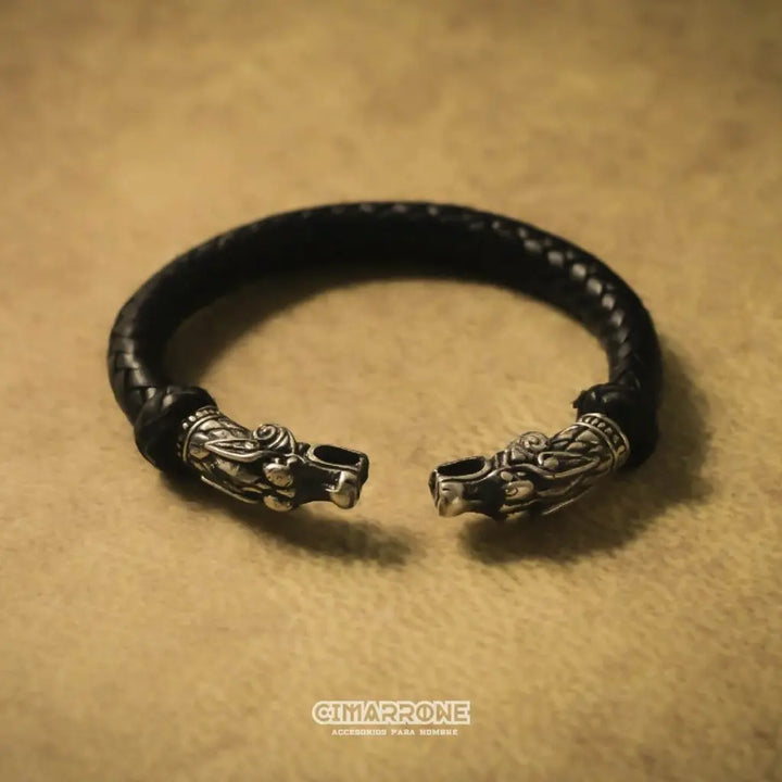 Brazalete vikingos dragon doble Plata 925 y Piel-min