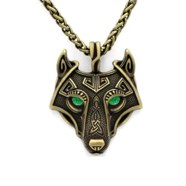 CimarroneAMX Dorado Collar Lobo Nórdico Ojos verdes Aleación de Zinc